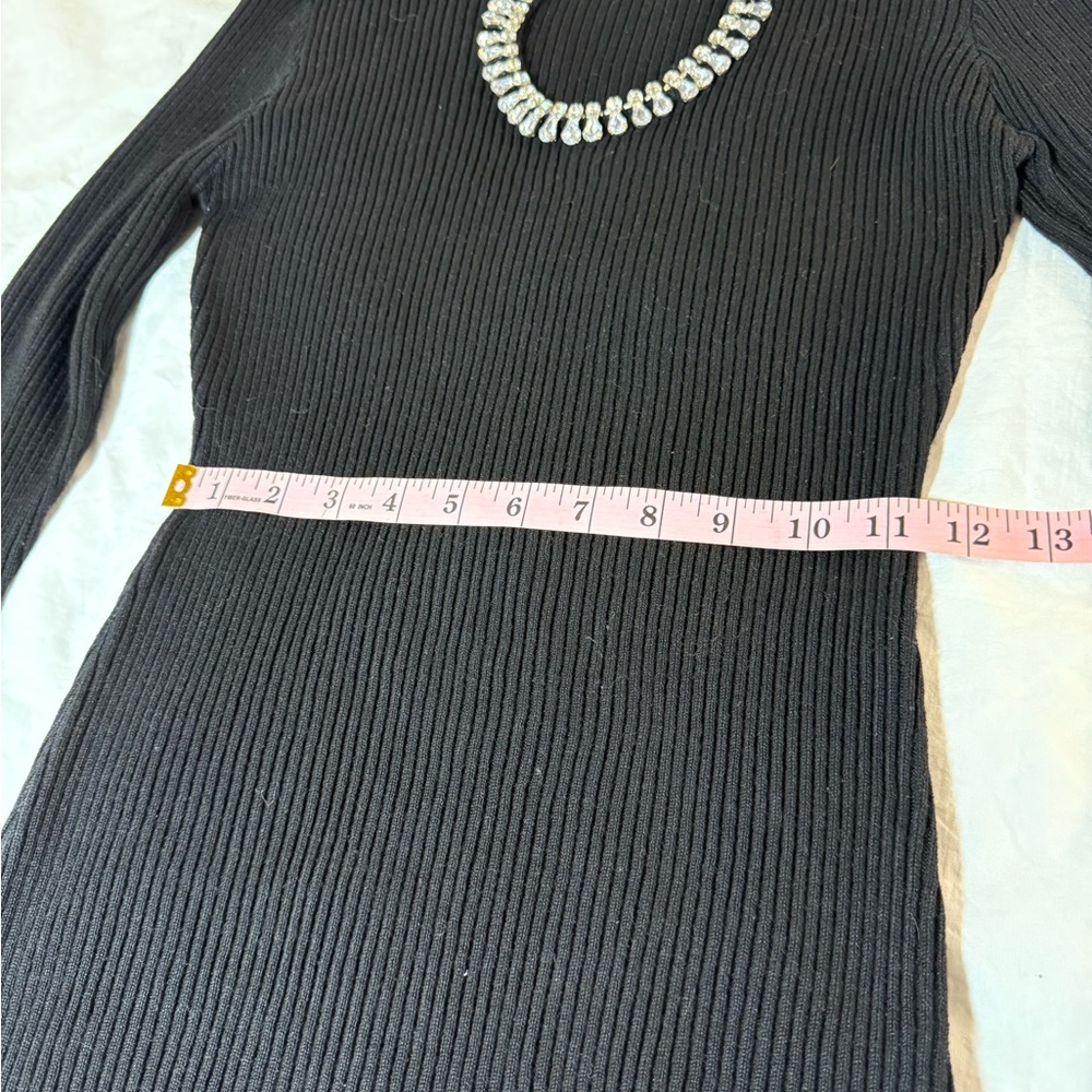 Black Ribbed Long Sweater with Rhinestone Embellishment - Picture 7 of 10